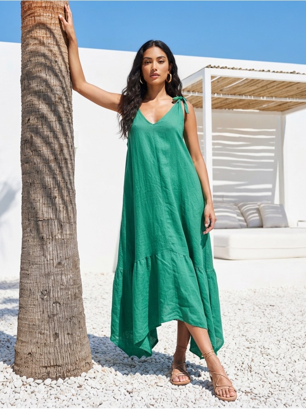 Puro Lino NWT 100% Linen Green Tie-Shoulder V-Neck Maxi Dress
